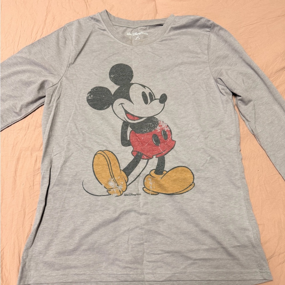 Authentic Disney Gray Long-Sleeve Mickey Mouse Tee with Red and Yellow Graphic